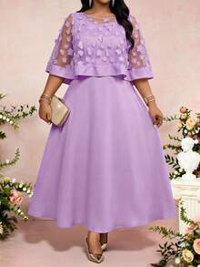 SHEIN Lady 大码女式贴花装饰网纱披肩上衣和连衣裙优雅套装 - 紫色 - 查看 6