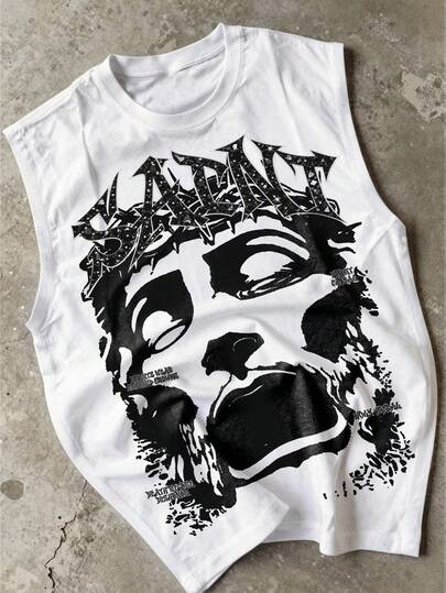Manfinity EMRG Men's Summer Streetwear White Black Gothic Saint Portrait Crown Of Thorns Graphic Print Sleeveless Tank Top Vintage Goth Dark Art Religious Face Letter Festival Rave Concert Club Party Punk Rock Crew Neck Loose Fit Muscle Tee Vest,Men's Portrait Print Round Neck Casual Sleeveless Tank Top, Summer