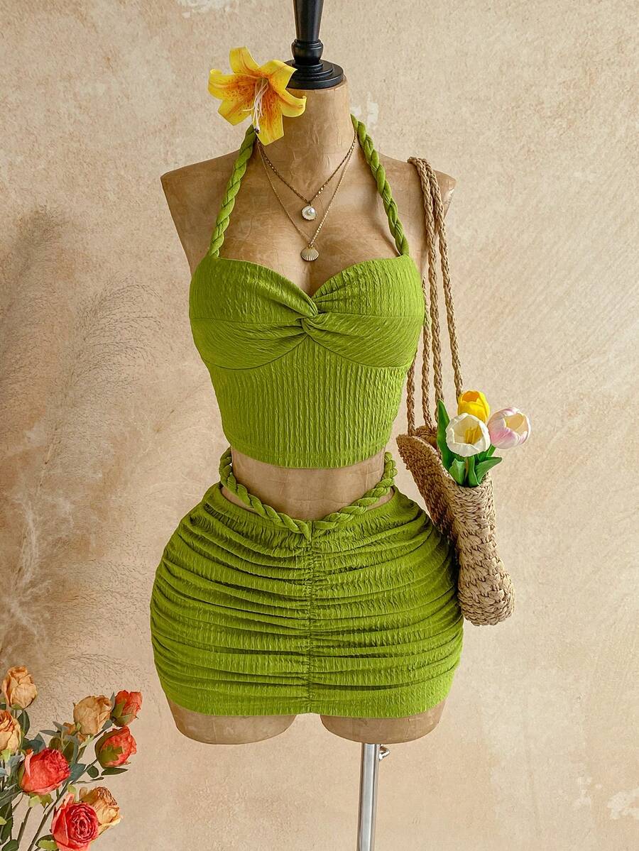 Soleia Women's Vacation Beach Solid Color Twist Back Halter Top And Mini Skirt 2 Pieces Set - Green - View 1