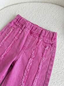 SHEIN LMoss Kids 女嬰寬腿牛仔褲，淡粉色夏季休閒城市度假、波西米亞海灘、西部街頭風、春季假期節慶褲 - 粉色 - 查看 9