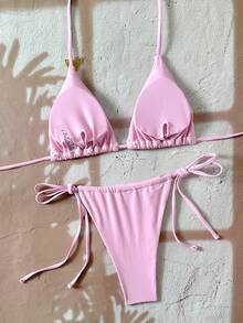 Swim Mod Bộ bikini màu hồng buộc dây cổ, gợi cảm và ngọt ngào dành cho nữ, thích hợp cho kỳ nghỉ hè, đi biển. - Hồng - Xem 4