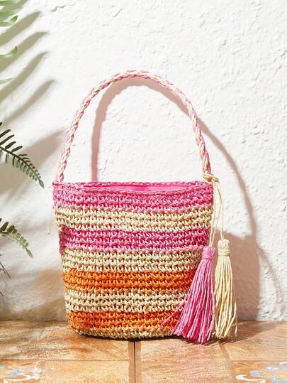 SHECARRY Ladies, Women Top Handle Bags,Straw Bag, Straw Woven Bag, Tassels, Fashionable, Elegant, Simple, Personalized, Versatile, For Beach, Vacation, Holiday, Summer, Seaside, Beach Party