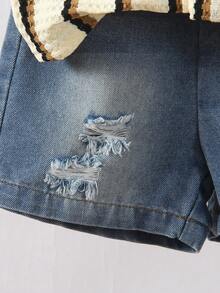 男童休闲短袖衬衫搭配破洞牛仔裤 - 杏色 - 查看 5