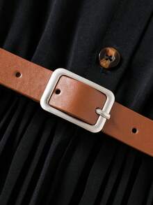 SHEIN Girls' Black Solid Pleated Leg Jumpsuit With Beige Belt, Lapel And Button Front Design, Suitable For Casual Daily And Commute Wear - Black - View 3