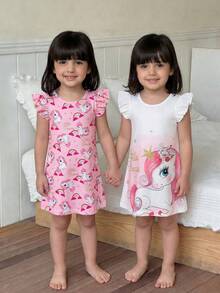SHEIN 2 Stücke/Set minimalistisches Cartoon Einhorn Muster Rundhals Kurzarm locker gestricktes Nachthemd Grafik Kleine Mädchen Sommerkleid - Verschiedenfarbig - Übersicht 2