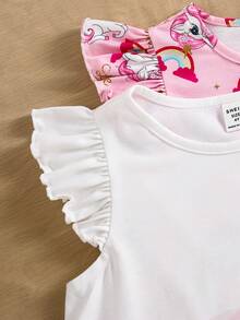 SHEIN 2 Stücke/Set minimalistisches Cartoon Einhorn Muster Rundhals Kurzarm locker gestricktes Nachthemd Grafik Kleine Mädchen Sommerkleid - Verschiedenfarbig - Übersicht 6