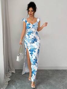 Arcane Artistry 新款夏季优雅短袖V领开衩连衣裙，夏威夷海滩风修身长裙，适合旅行、度假、约会、派对等场合。 - 彩色 - 查看 4