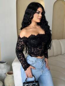 Dayanna Comas 女士蕾丝性感透视镂空露肩长袖上衣，酒红色，适合圣诞节、万圣节、亡灵节、秋冬季叠穿 - 黑色 - 查看 4