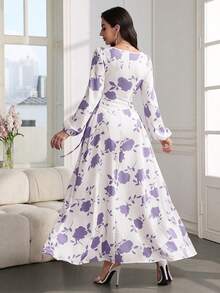 Al Najma Round Neck Lantern Sleeve Side Drawstring Dual-Color Print Dress - Purple - View 3