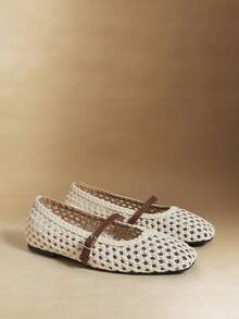 Rosivie 时尚精致网眼镂空平底女鞋，时尚舒适，法式方头优雅平底鞋 - 米白1 - 查看 3