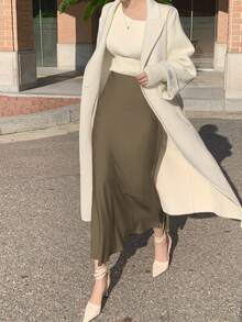 DAZY Women's Fitted Solid Color Satin Skirt, Spring/Summer - Olive Green - View 5