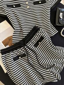 GlowEve Classic Best-Selling Black & White Striped Round Neck Contrast Trim Short Sleeve Casual T-Shirt And Black Drawstring Waist Shorts 2-Piece Set - Black and White - View 8