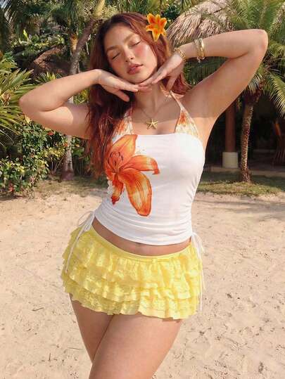 ROMWE Estilo de vacaciones Retro Y2K Vintage Lily Flower Floral Pattern 2 en 1 Camiseta de tirantes y top de talla grande