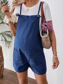 SHEIN 孕妇蓝色牛仔背带短裤 - 深色水洗藍 - 查看 5