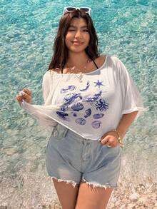 SHEIN EZwear 大码女式贝壳水母印花宽松白色休闲T恤 - 白色 - 查看 6
