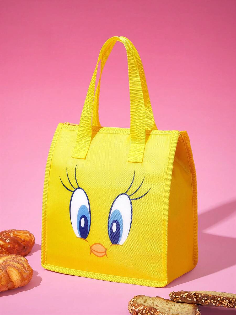 LOONEY TUNES X SHEIN 1个印花图案保温午餐包，可保温或保冷，野餐包，大容量，可装午餐盒和饮料，适合野餐、露营、旅行、家庭使用，适合家庭、学生、Tweety - 黃色 - 查看 1
