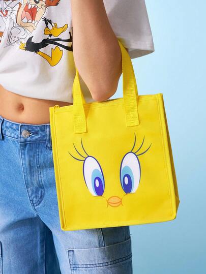 LOONEY TUNES X SHEIN 1个印花图案保温午餐包，可保温或保冷，野餐包，大容量，可装午餐盒和饮料，适合野餐、露营、旅行、家庭使用，适合家庭、学生、Tweety
