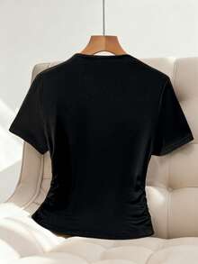 GlowEve 女士时尚纯色不对称肩部收腰短袖T恤 - 黑色 - 查看 2