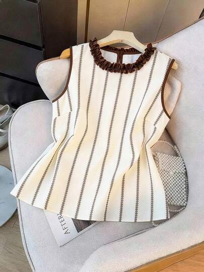 GlowEve CURVE Summer Fashion Casual Vacation Elegant Commute French Retro Contrast Color Ruffle Striped Print Blouse Vest Dress Mini Dress Vertical Stripe Dress French Style Dress Elegant Dress