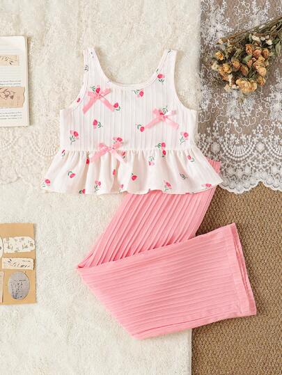 女童夏季套装（2件套），适合4-7岁女孩，杏色休闲可爱碎花蝴蝶结装饰无袖上衣搭配松紧腰简约长裤，面料柔软，适合春夏外出穿着，可作礼物。