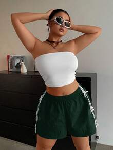POPSWAY Plus Size Women Side Stripe Bow Decor Casual Shorts - Army Green - View 5