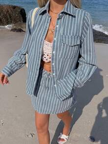 DAZY Bộ đồ nữ gồm áo sơ mi kẻ sọc và chân váy denim, thích hợp cho mùa xuân và mùa hè. - Rửa trung bình - Xem 4