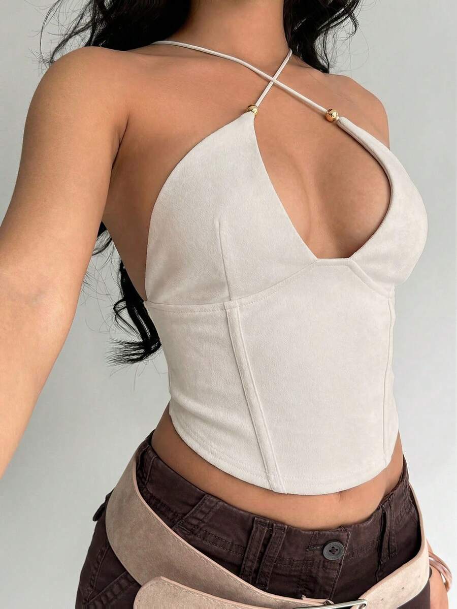Aloruh Women's Fashionable Sexy Halter Backless Top,Summer Top - Beige - View 1