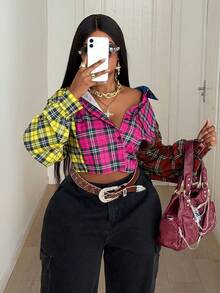 Maweii 大码女式撞色格纹短袖衬衫，休闲街头风 - 彩色 - 查看 1