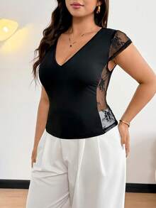 Calvaya Plus Size Women Fashionable Sexy Sheer Lace Versatile Blouse - Black - View 3