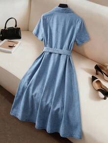 GlowEve 女士时尚双排扣系带短袖牛仔连衣裙 - 藍色 - 查看 2