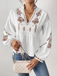 SHEIN LUNE Women's Shirred Graphic Print Long Sleeve Button Shirt Peplum Top - Khaki - View 4