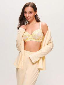 LUVLETTE 全罩杯透气无衬里蕾丝优雅网纱镂空细节内衣曲线黄色和白色薄纱显瘦新娘内衣文胸 - 米色 - 查看 5