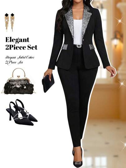 Fleurora 女士亮片拼接翻领长袖华丽西装外套