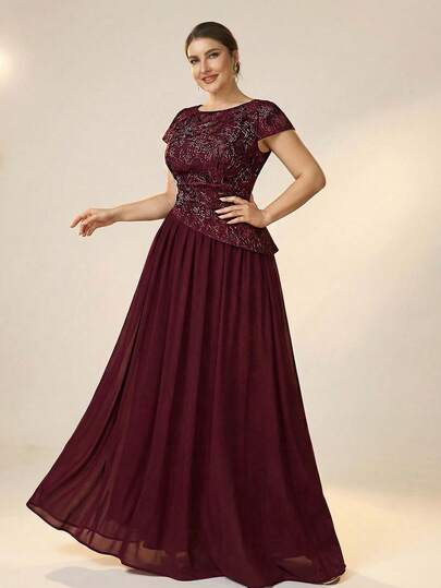 Serin Plus Size Elegant Romantic Wine Red Luxury Jacquard & Chiffon Flared Dress, Suitable For Wedding, Party, Vacation, Ball, Mother Of The Bride Formal Gown