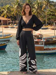 CAJUNI Quần ống rộng cạp cao dáng suông dành cho nữ với họa tiết cây cỏ mùa hè. - màu đen - Xem 6