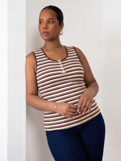  ELLERISSA Curve Elegant Stripe Tank Top With Gold Buttons For Women, Brown White Striped Sleeveless Henley Top, Casual Summer Top, Work Tank, Plus Size Tops For Women, Office Outfits, Vacation Outfits Women, Tank Top, Striped Tank, Fitted Bodycon Tank, Elegant Casual Top
