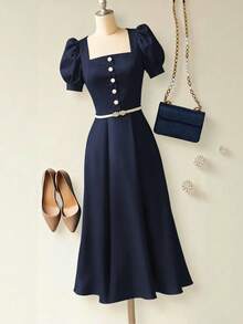SHEIN Franclia Elegant Versatile Casual Commuter Navy Blue Button Decor Waist Cinched Midi Dress For Women, Spring/Summer - Navy Blue - View 5