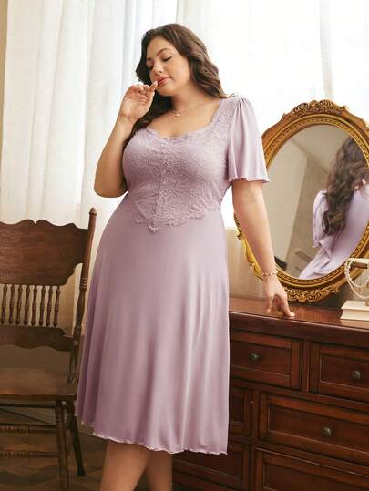 Elegant French Lace Patchwork Long Nightgown, Romantic Soft Lace Nightdress For Women, Plus Size