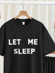 SHEIN Teenager Jungen Casual Set aus Buchstaben-Muster Rundhals Kurzarm Top und Shorts, 2 Stücke Freizeitanzug - Schwarz - Übersicht 4