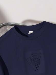 SHEIN Tween Boy Casual Sports Geometric Embossed Pattern Round Neck Knit Loose Short Sleeve T-Shirt - Navy Blue - View 3