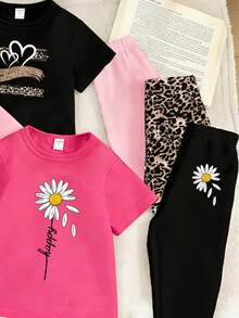 2pcs/Set Baju dan Legging Kasual Chic Motif Leopard dengan Pita untuk Anak Perempuan, Nyaman untuk Dipakai Sehari-hari di Musim Semi, Musim Panas, dan Musim Gugur - MultiWarna - View 4