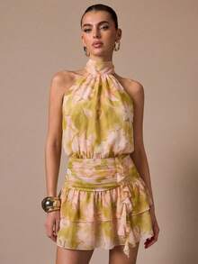 SHEIN BAE Đầm thời trang mùa hè cho nữ, kiểu dáng đi biển, họa tiết hoa, cổ yếm, hở lưng, eo nhún bèo, gấu đầm xếp lớp. - Nhiều màu - Xem 3