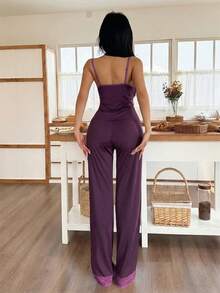 SweetSlumber Lace Patchwork Camisole And Pants Women Pajama Set - Purple - View 2