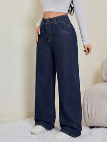 SHEIN Tall Women's Mid-Rise Straight Loose Fit Casual Jeans - Dark Wash - View 6