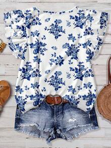 EMERY ROSE 大码女式碎花荷叶袖休闲衬衫 女式碎花上衣 女式夏季上衣 女式上衣和衬衫 女式休闲上衣 女式春季上衣 女式夏季衬衫 女式休闲装扮 女式夏季装扮 夏季休闲上衣 - 彩色 - 查看 2