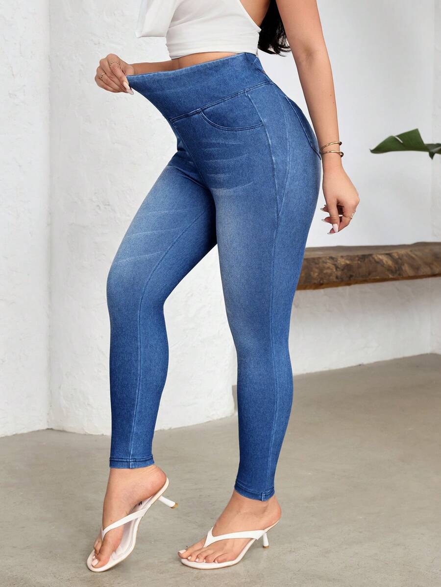 Flexra 女士休闲水洗高腰修身牛仔裤 - 藍色 - 查看 1