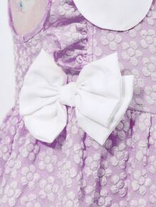 1pc Girls Lavender Fairy Summer Wedding Guest Dress,Textured Fabric Floral Asymmetrical Neckline Waist Big Bow Frill Trim A-Line Countryside Style - Purple - View 7