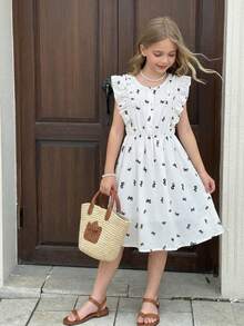 ChillGRL 1 pieza Vestido de línea A con diseño de empalme de volantes y estampado de mariposas "Chill GRL Sweet Vacation" para niñas preadolescentes, adecuado para uso diario, vacaciones y reuniones con amigos - Blanco - Ver 3