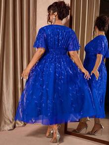 Allurite Plus Size Elegant V-Neck Mesh Sequin Ruffle Hem Party Dress, Red - Blue - View 3