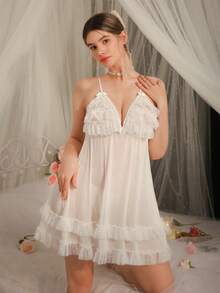 Women's Sexy Sheer Polka Dot Mesh Multi-Layer Ruffle Trim Spaghetti Strap Mini Nightgown - Pink - View 5